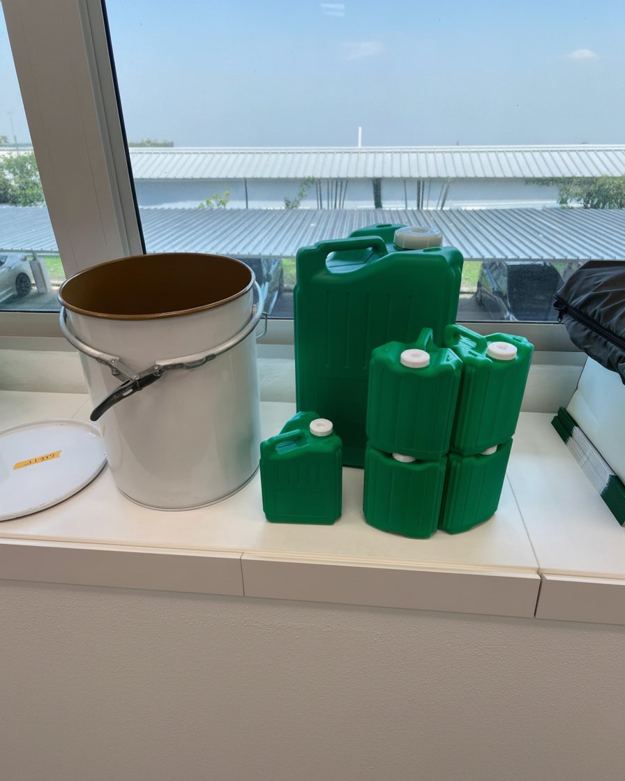 Miniature green jerry cans in graduated sizes with a steel pail, a portable Greif sales sample kit