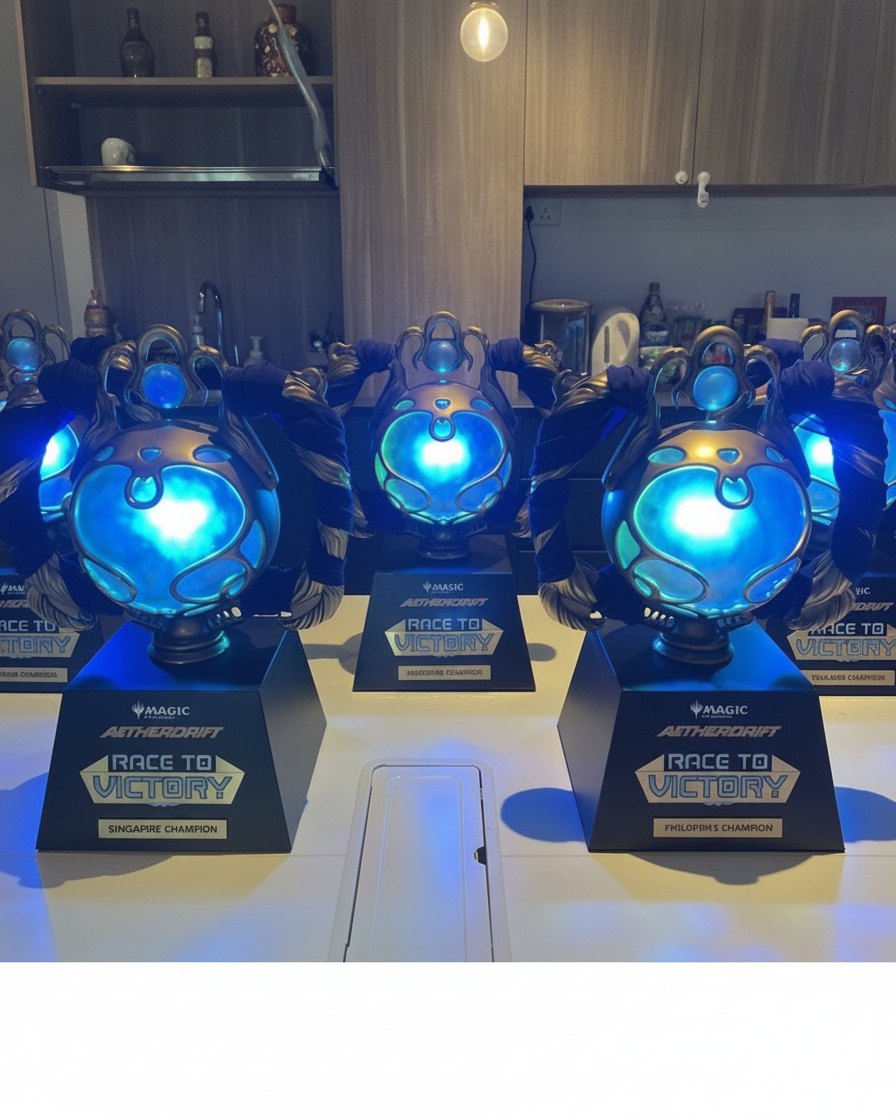 Row of three illuminated Magic: The Gathering championship trophies, each labelled with a national champion